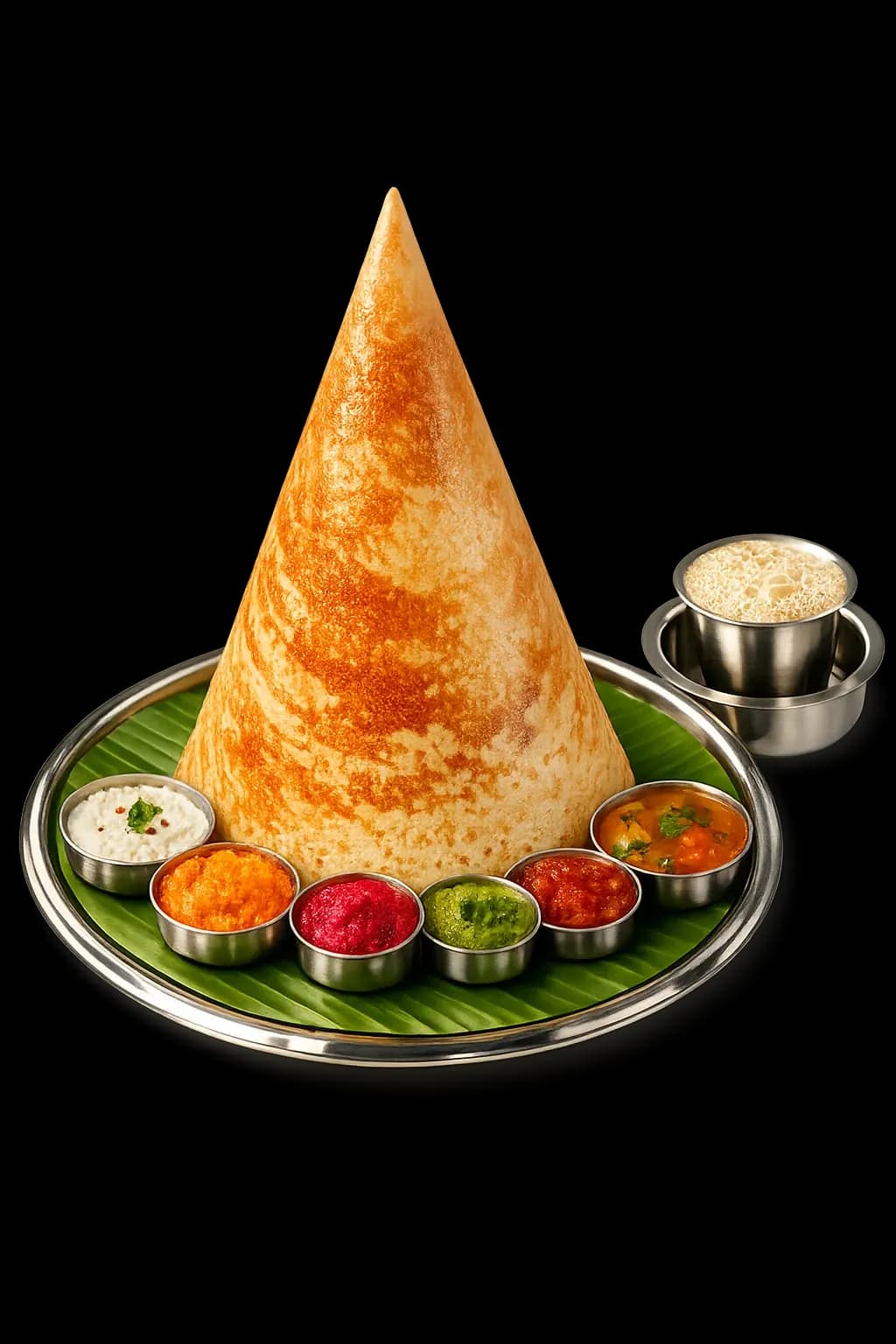 A tall conical dosa on a banana leaf, ringed by five chutneys, sambar and a filter coffee