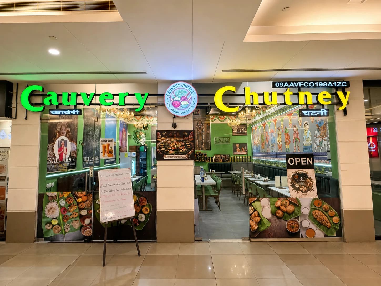 The Cauvery Chutney shopfront: green and yellow lit signage above glass doors, with the dining room's green walls and chandeliers visible inside