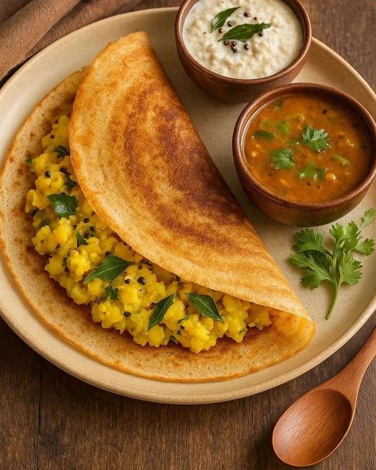 A masala dosa, folded over spiced potato, with sambar and chutneys