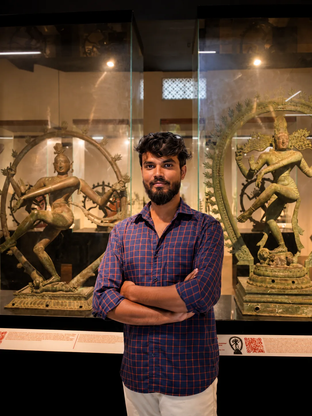Anna in front of a case of Chola bronzes