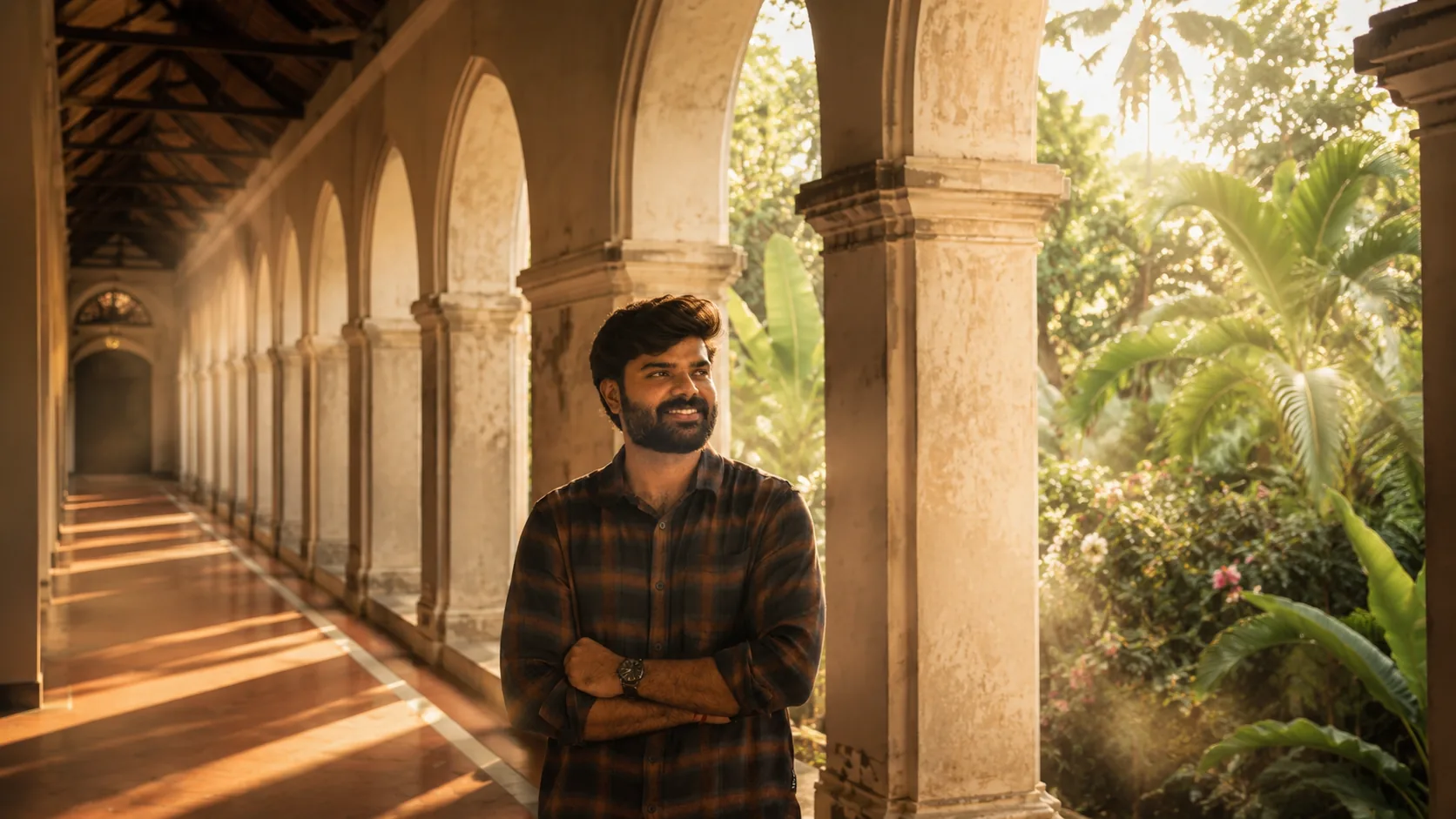 The founder in a South Indian colonnade, morning light raking through the arches